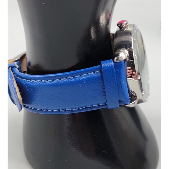 Bertha Ashley Owl Watch Crystal Bezel 38mm Silver Tone 7.5" Blue Leather Band - Picture 9 of 16